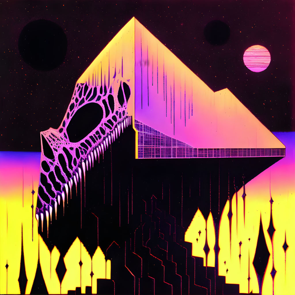 Surreal artwork: floating pyramid with skeletal side in cosmic setting