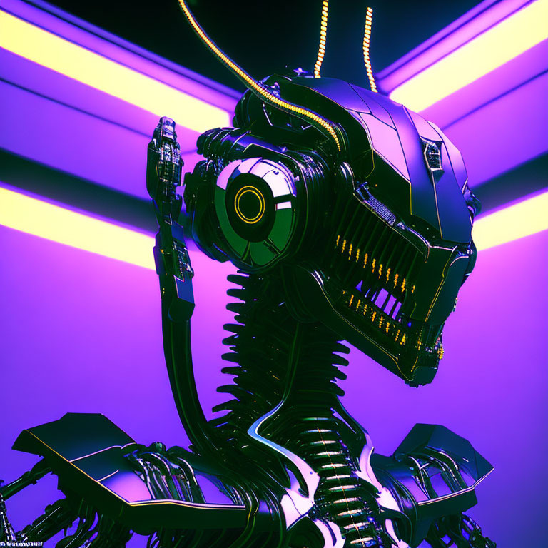 Futuristic robotic figure illuminated by purple and yellow neon lights