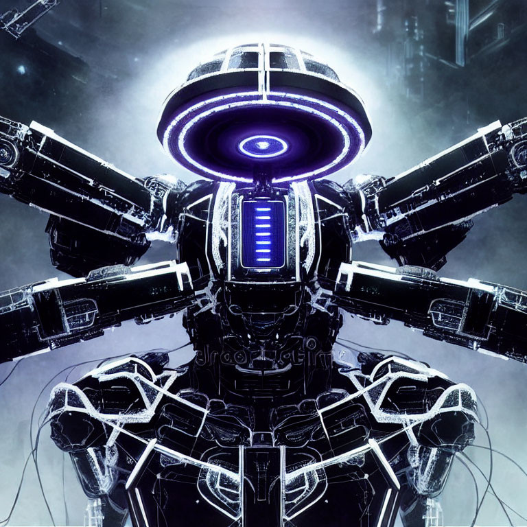 Futuristic robot with spherical head and glowing blue eye in sci-fi setting