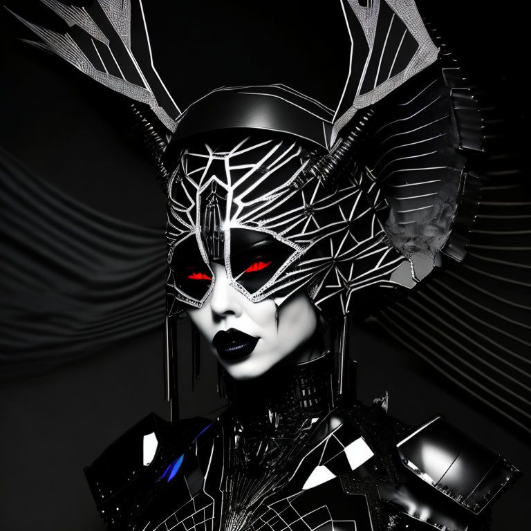 Monochrome portrait of person in futuristic headgear and red eyes on dark background