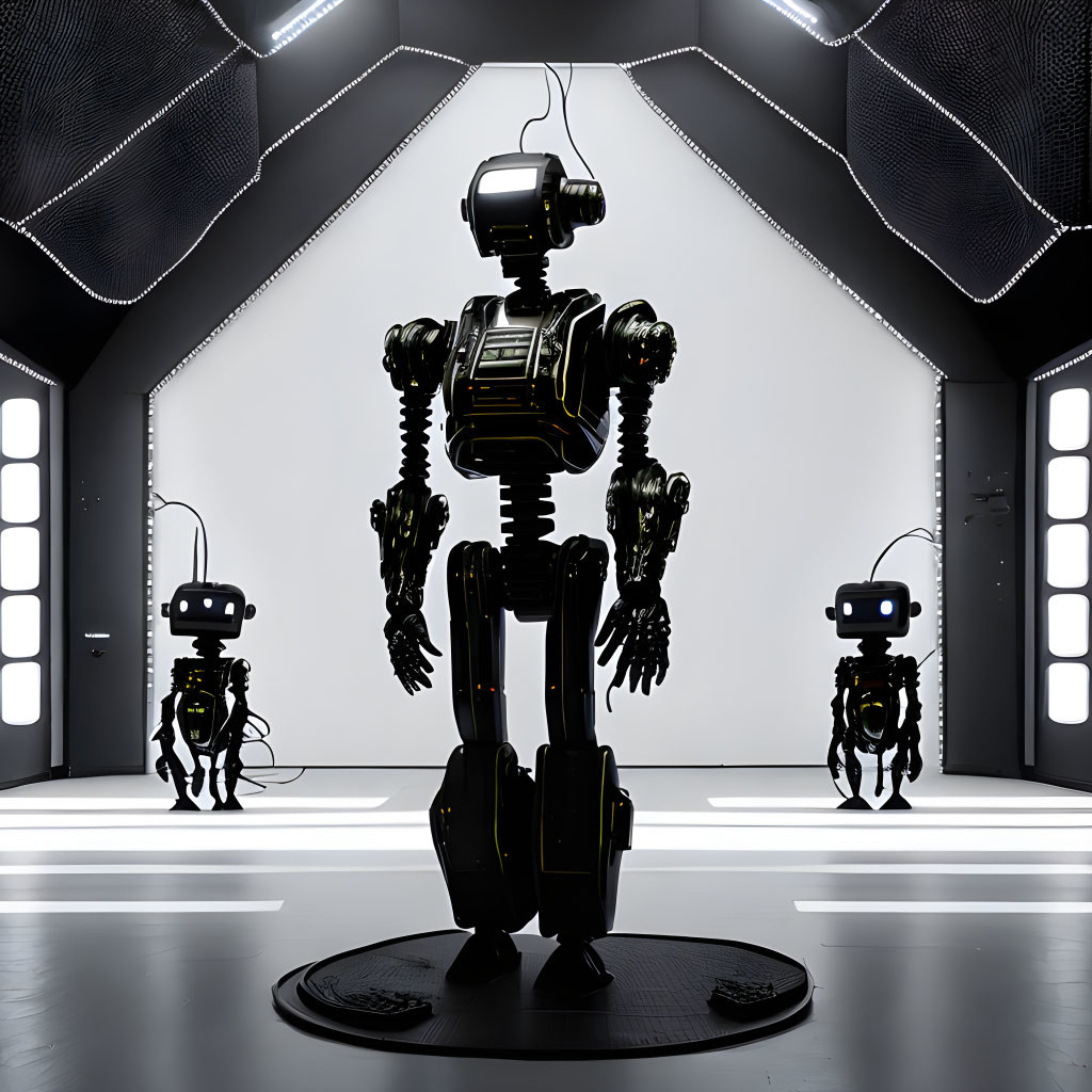 Futuristic black humanoid robot surrounded by smaller robots in sleek room