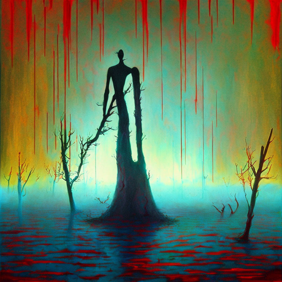 Silhouetted Figure on Tree Stump in Colorful Surreal Forest