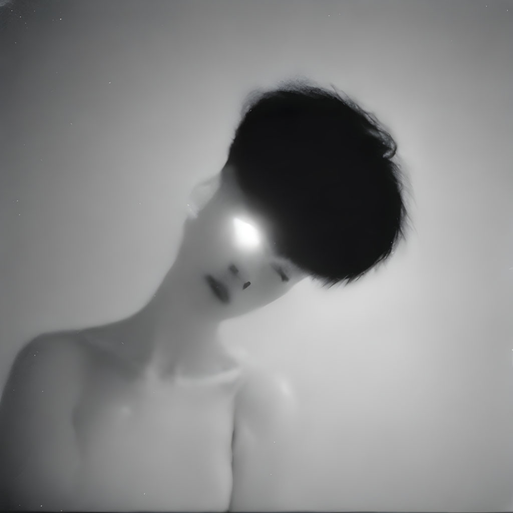 Monochrome portrait of person with obscured face and glowing eyes