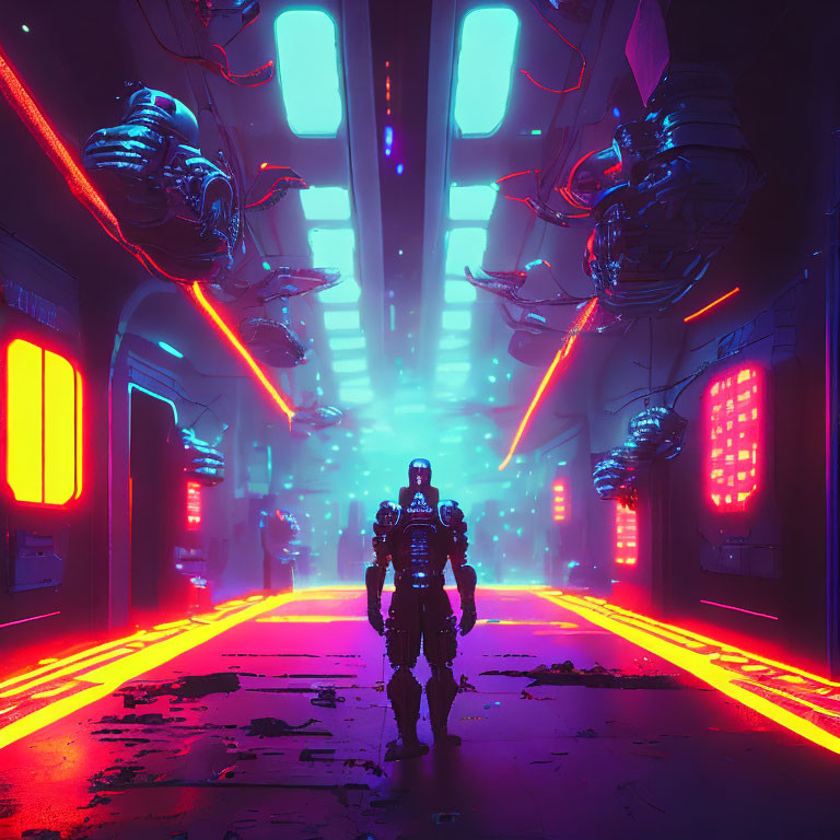 Armored figure in neon-lit corridor with floating orbs and red lasers