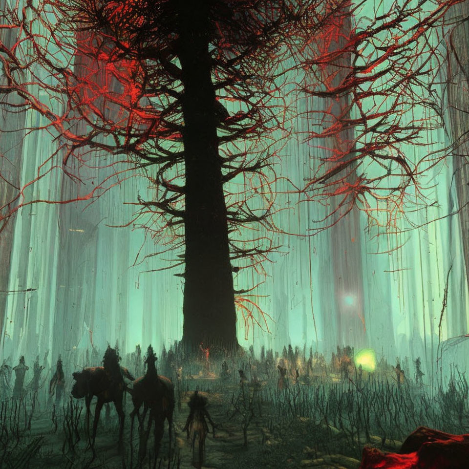 Mysterious forest scene with black tree, red light, and silhouetted figures