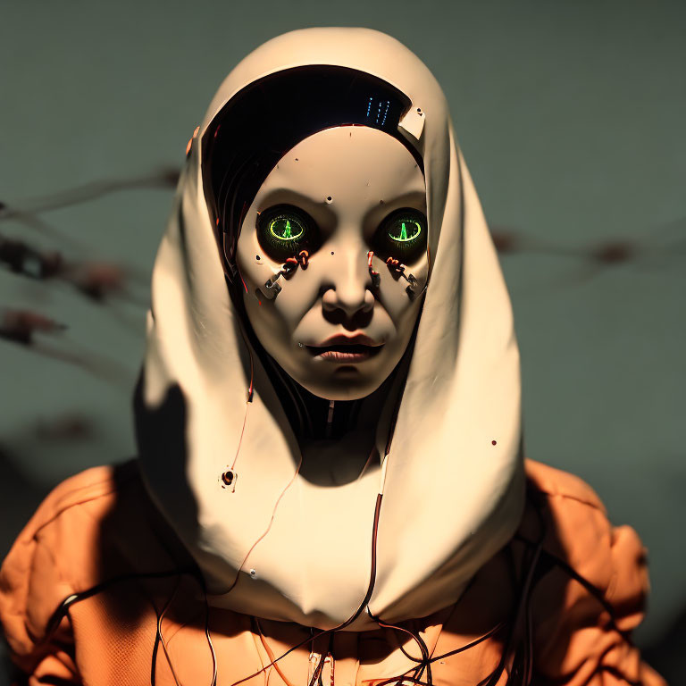 Humanoid robot with white headscarf, green eyes, wires, orange garment in dark setting