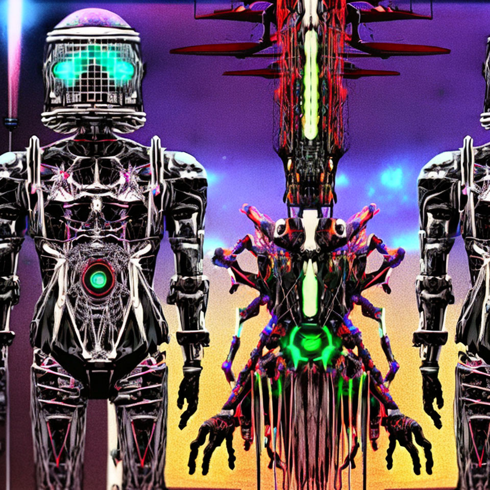 Futuristic robots with skeletal structures and intricate circuitry on vibrant abstract background