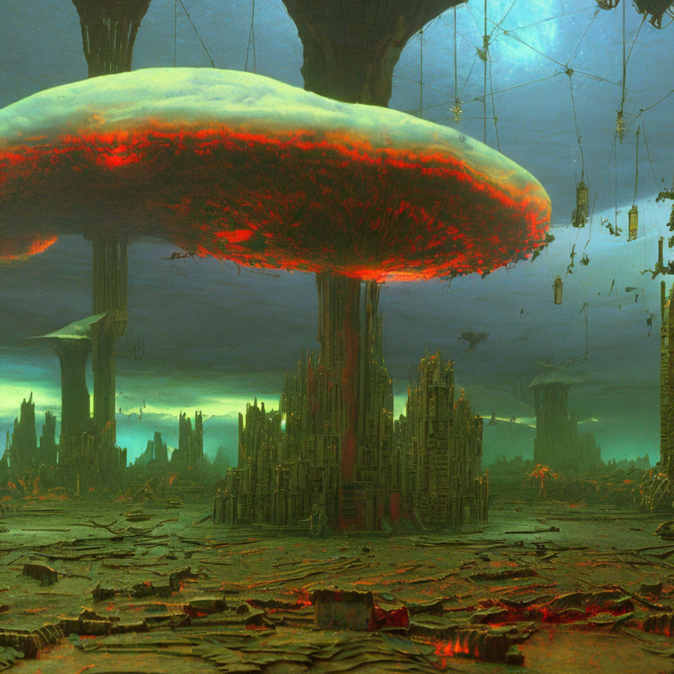 Dystopian landscape with towering mushroom-like structures in red and green hues