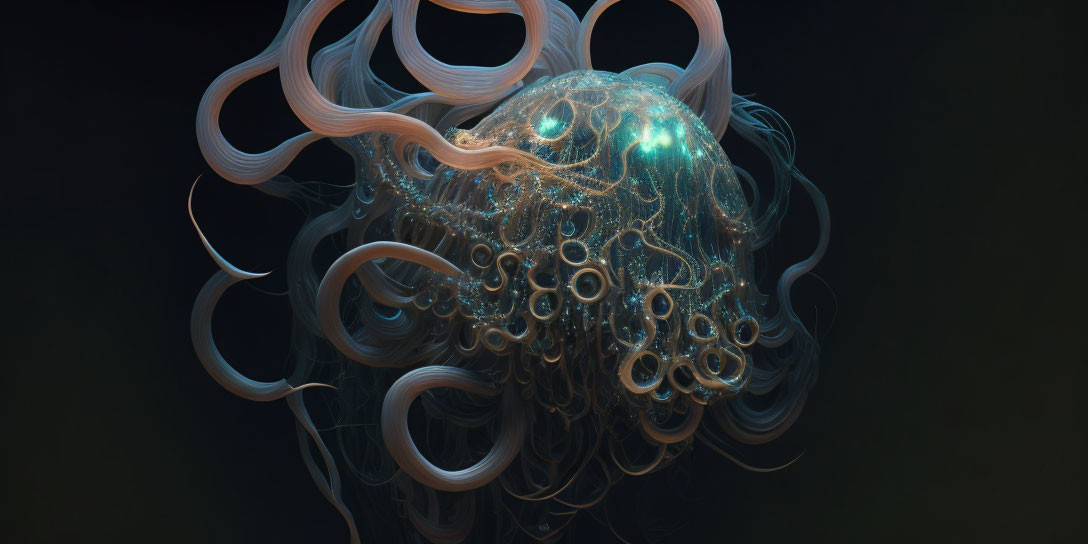 Bioluminescent jellyfish-like creature with intricate patterns and flowing tentacles