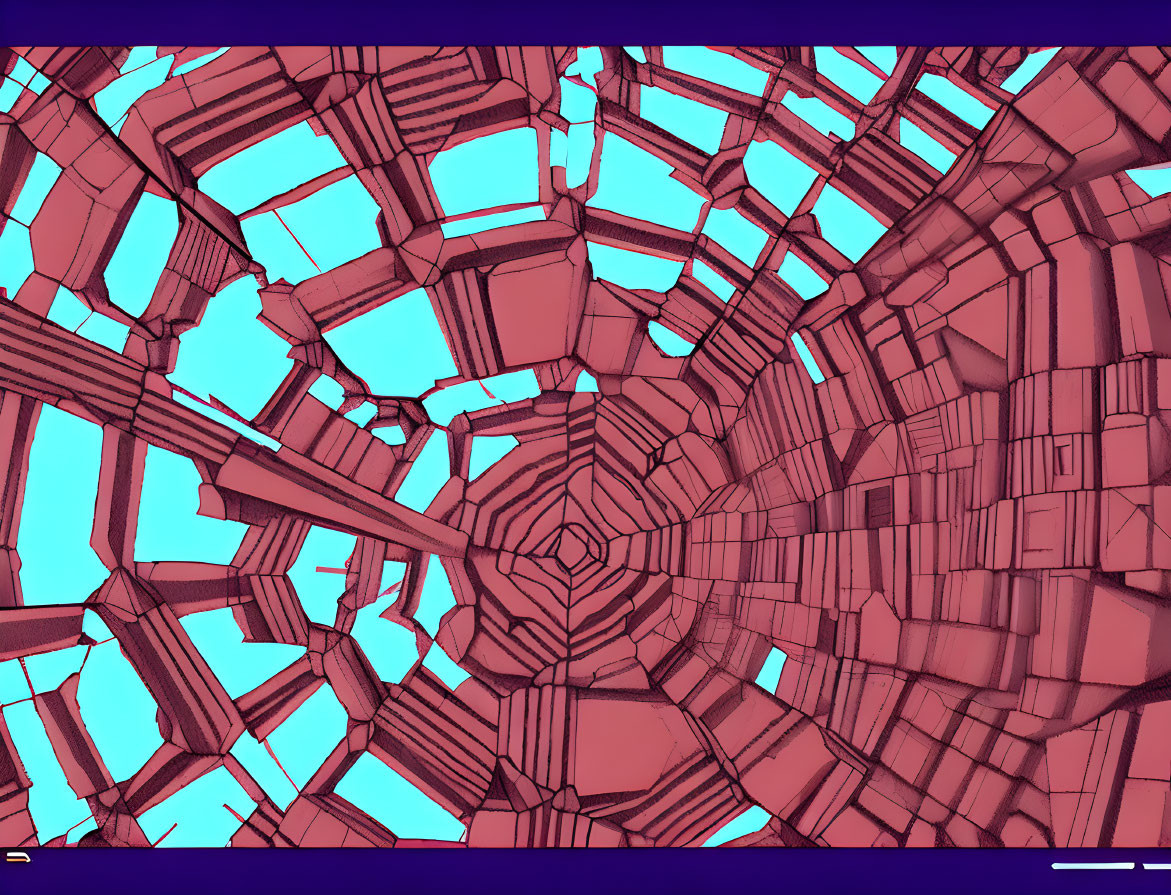 Fractal Tunnel of Red Geometric Shapes on Cyan Background