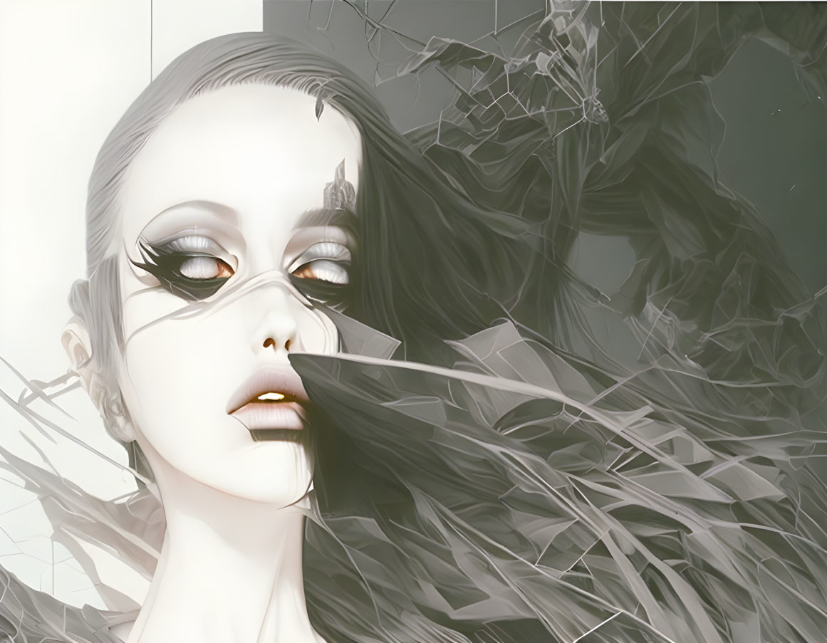 Monochrome digital art of stylized woman with bold makeup