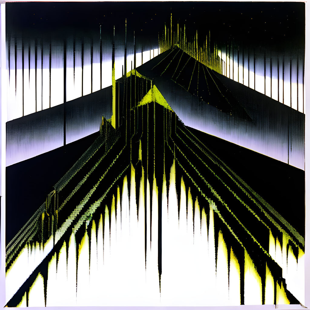 Geometric Pyramid Artwork in Black, White, Yellow on Starry Sky