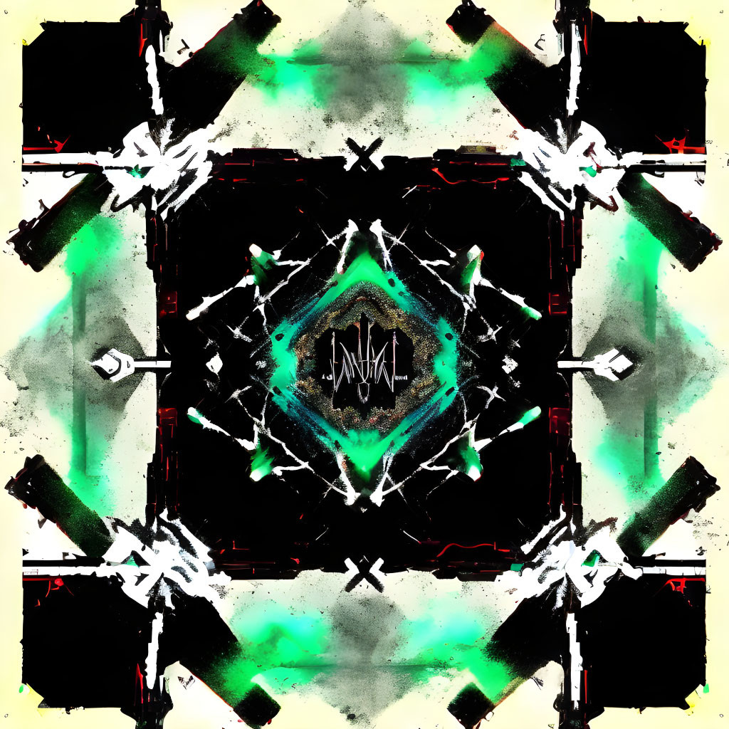 Monochrome abstract art with green and red accents and central geometric motif