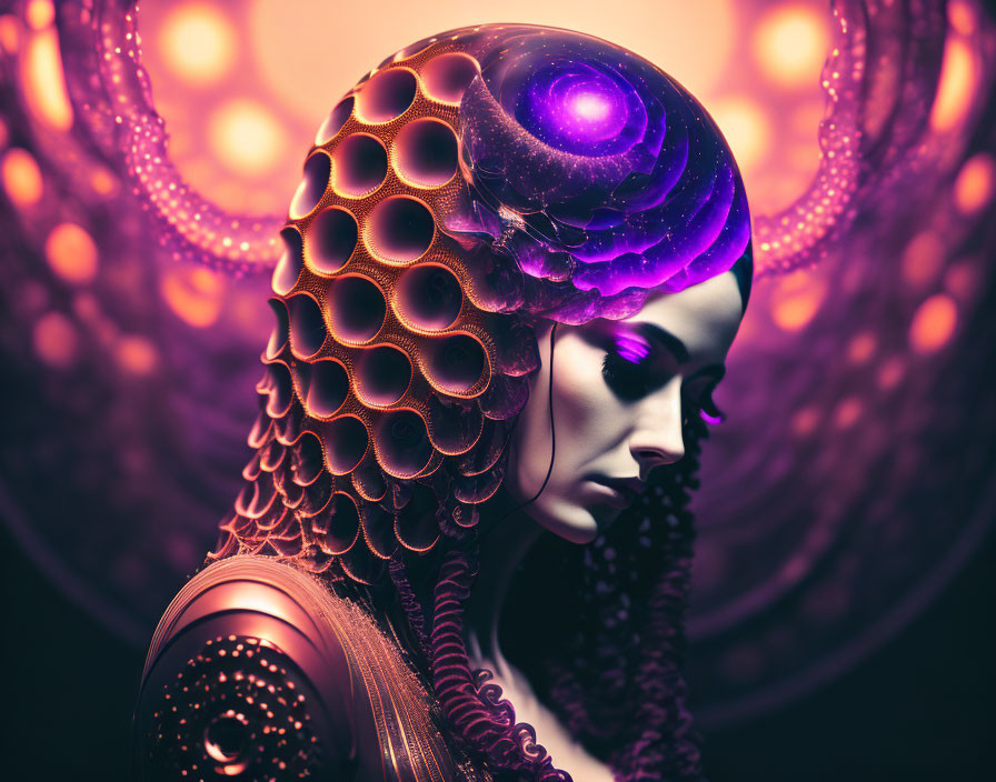 Futuristic female figure with metallic honeycomb headdress and glowing patterns