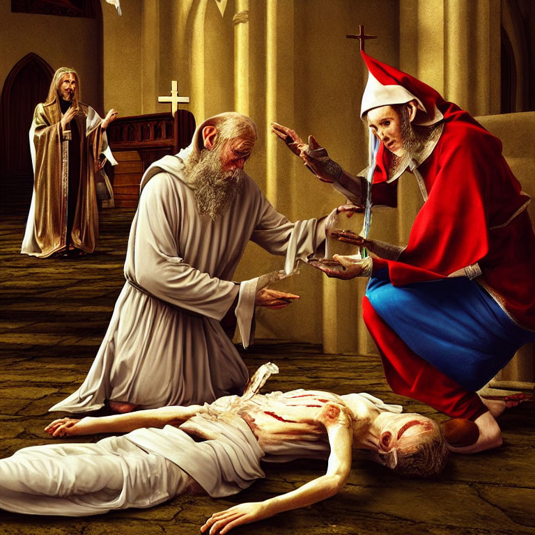 Dramatic church scene: man in robes helps wounded person.