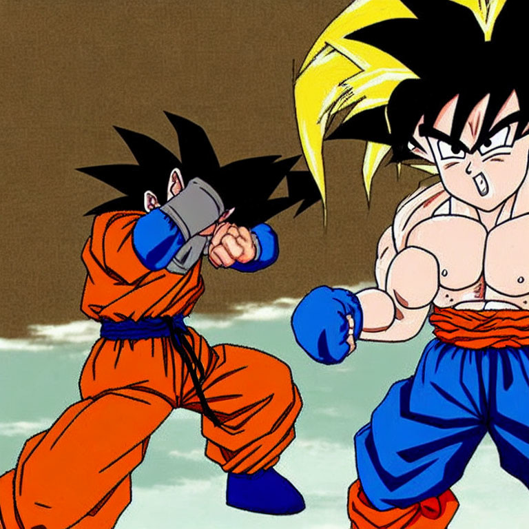 Animated characters in martial arts poses with spiky black and blonde hair in blue outfits.