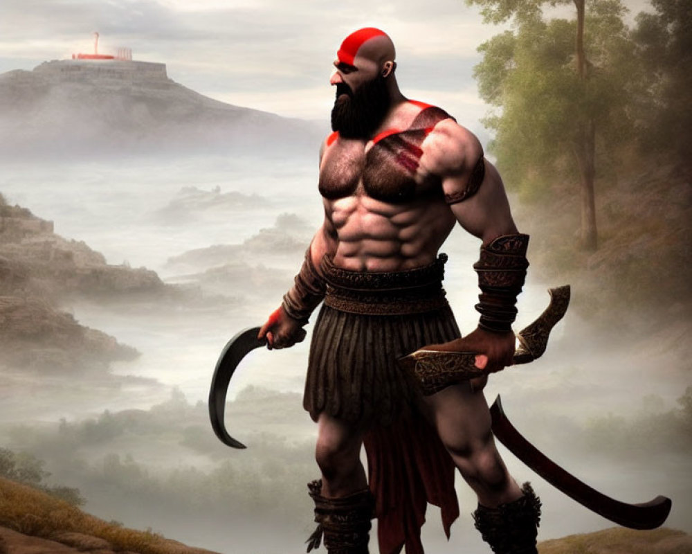 Muscular warrior with red beard and weapon in misty landscape with castle.