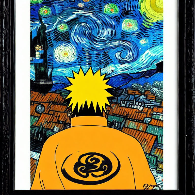 Spiky blond hair and orange jacket against starry night sky backdrop