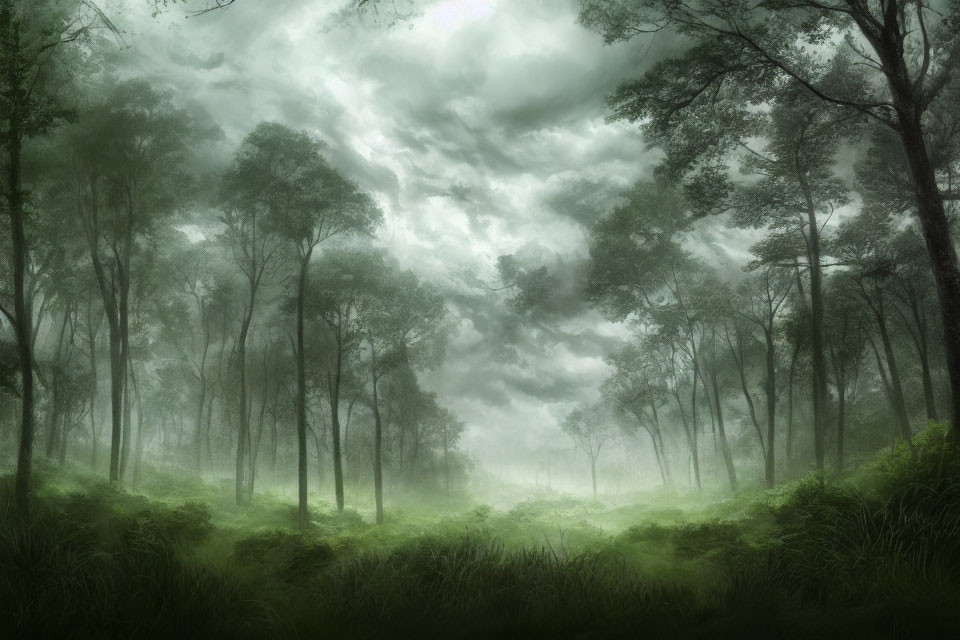 Moody forest scene with towering trees and lush undergrowth under dramatic cloudy sky