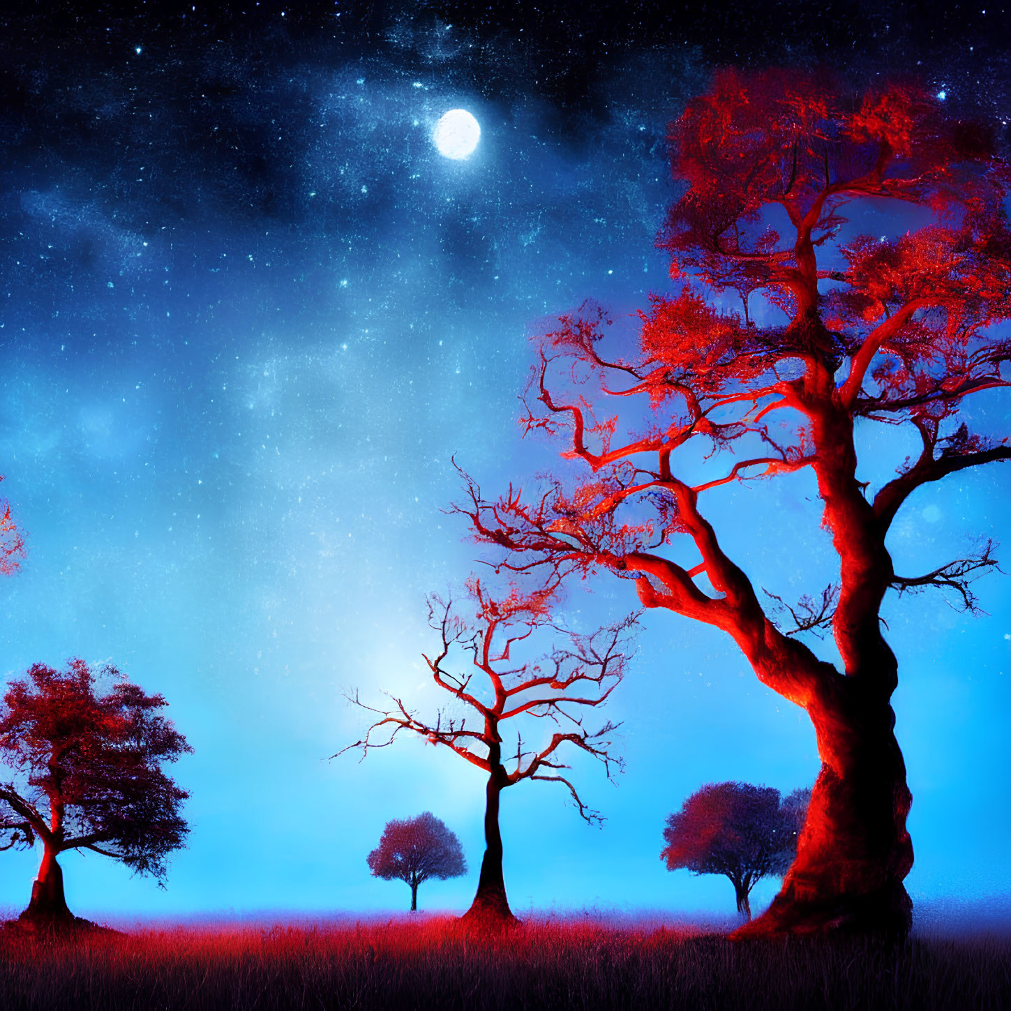 Night Sky with Full Moon and Silhouetted Trees in Mystical Blue Light