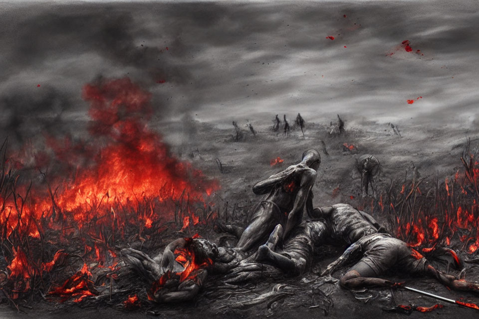 Apocalyptic humanoid figures in fiery, desolate landscape