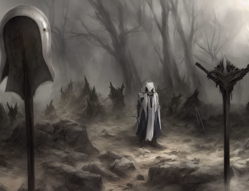 Mysterious figure in cloak on foggy battlefield with sword