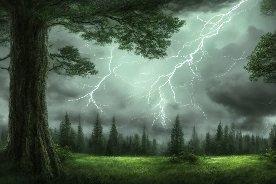 Dramatic lightning scene over lush green forest