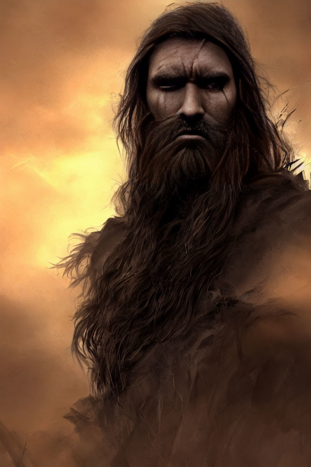 Serious man with long hair and beard against orange cloudy backdrop