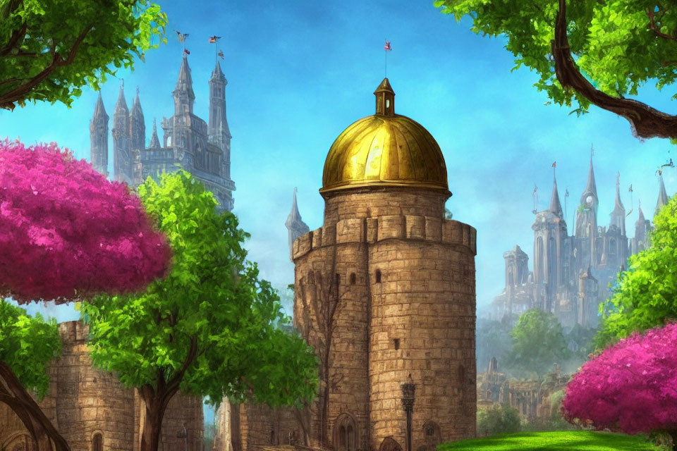 Fantasy landscape with golden tower and majestic castle in lush setting