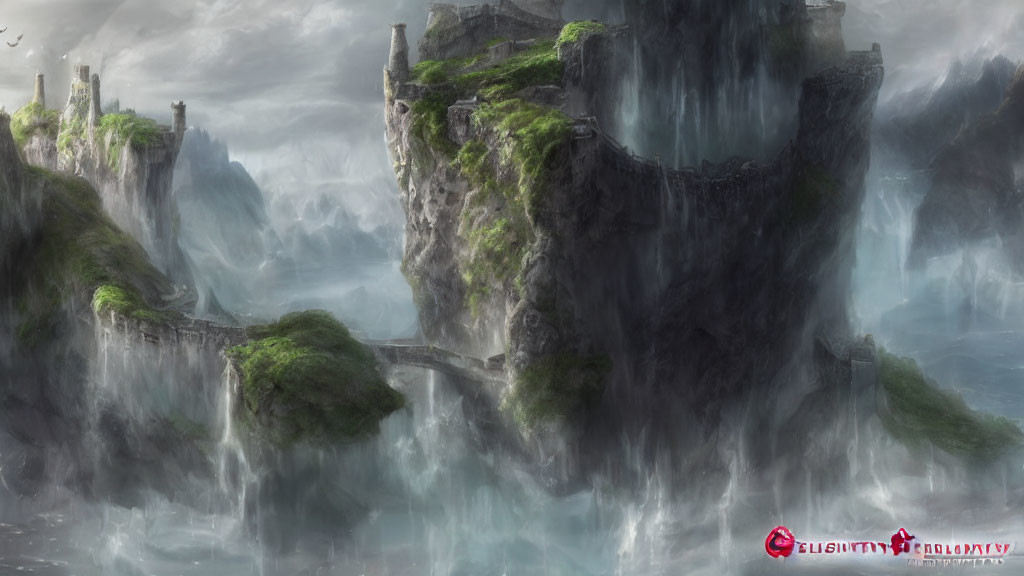 Fantasy landscape with cliffs, waterfalls, stone bridge, mist, and greenery