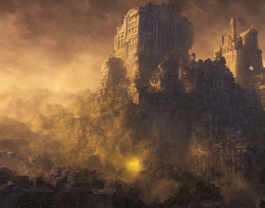 Sunlit Ancient Ruins in Golden Haze Amidst Crumbling Structures