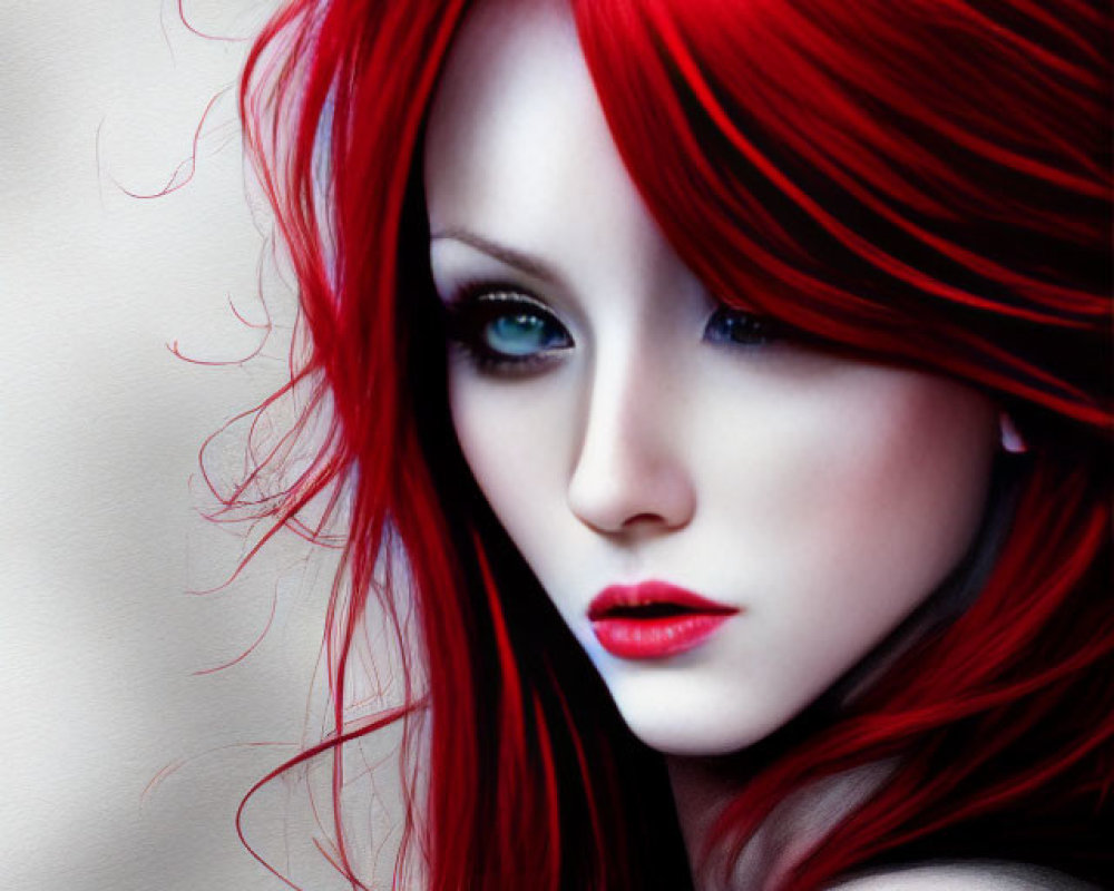 Illustrated Female Figure with Red Hair and Blue Eyes on Grey Background