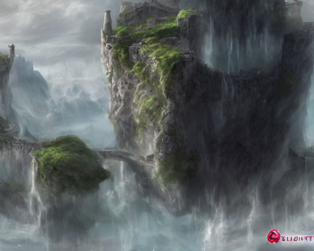 Fantasy landscape with cliffs, waterfalls, stone bridge, mist, and greenery