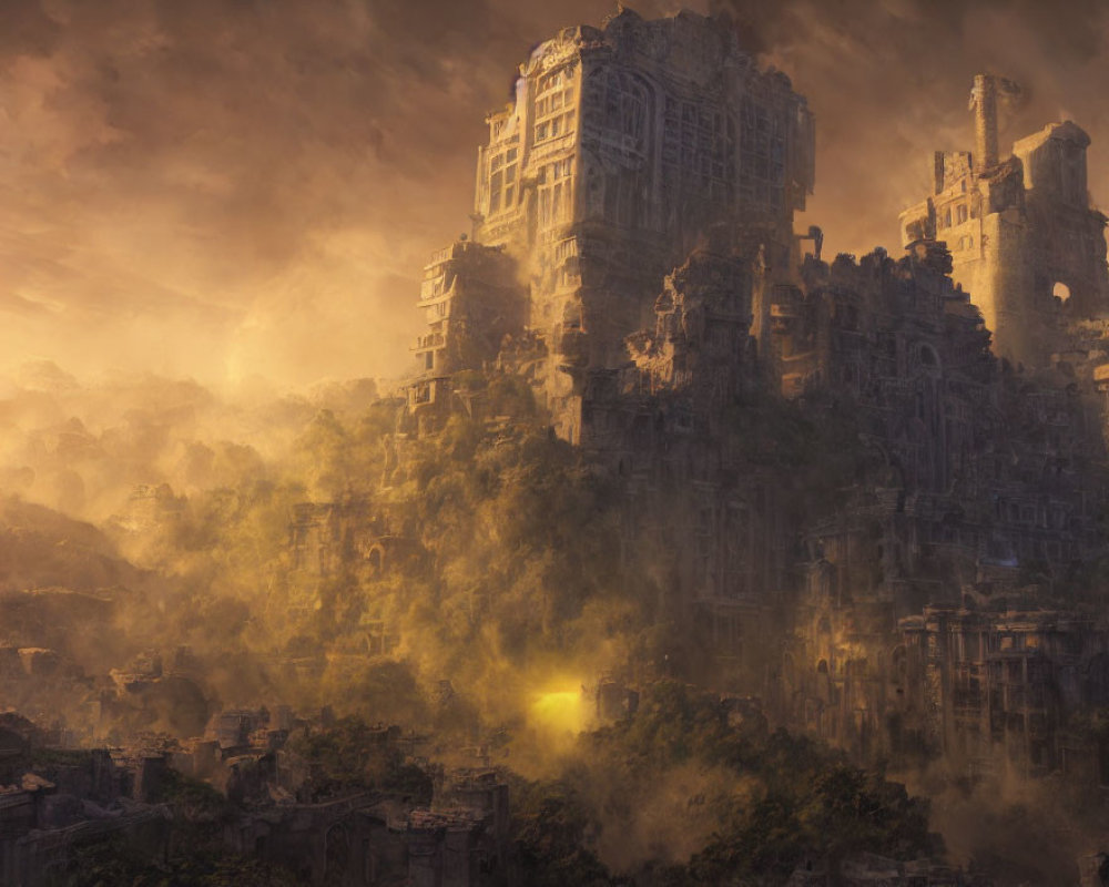 Sunlit Ancient Ruins in Golden Haze Amidst Crumbling Structures