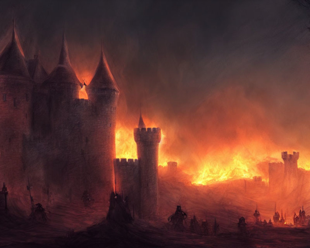 Foreboding castle in fiery apocalyptic landscape with ominous figures.