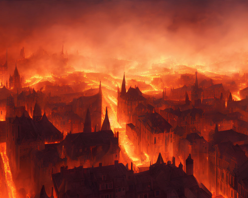 City engulfed in flames with ominous orange glow and smoke-filled sky