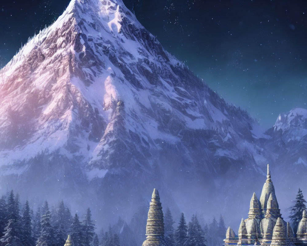 Snowy Mountain Landscape with Illuminated Towers at Night