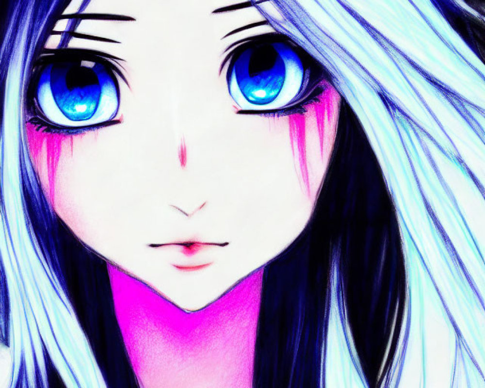 Vibrant anime girl with blue eyes and black hair with blue streaks