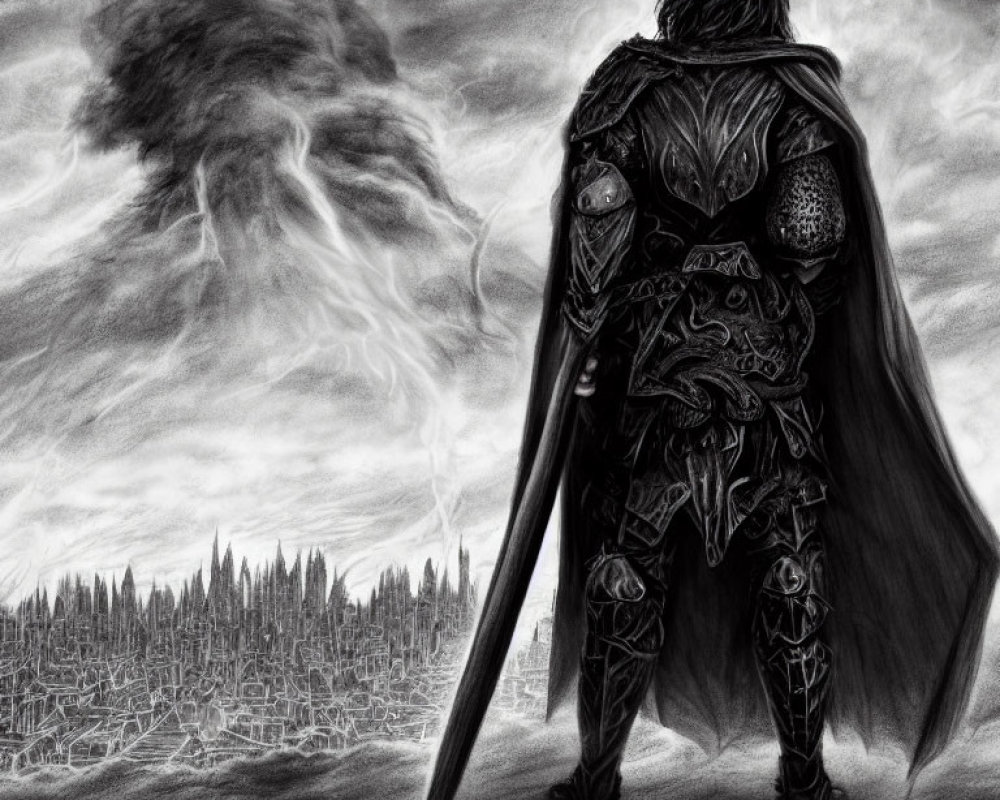 Elaborately armored warrior gazes over cityscape under ominous sky