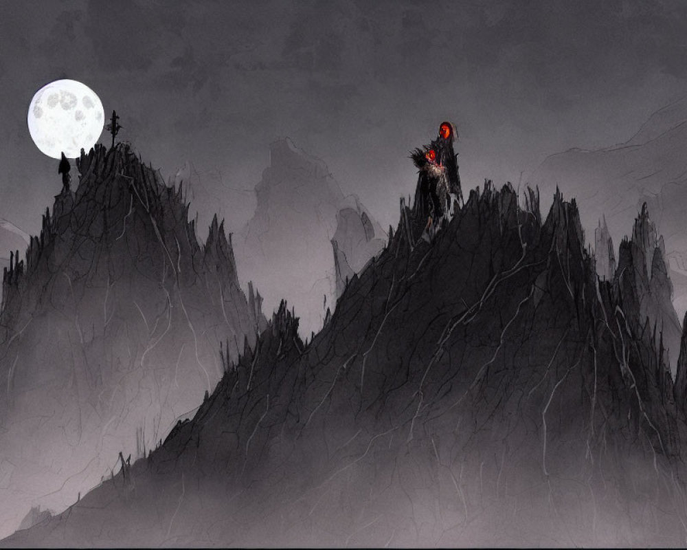 Mysterious night landscape with full moon, figure with glowing eyes on mountain