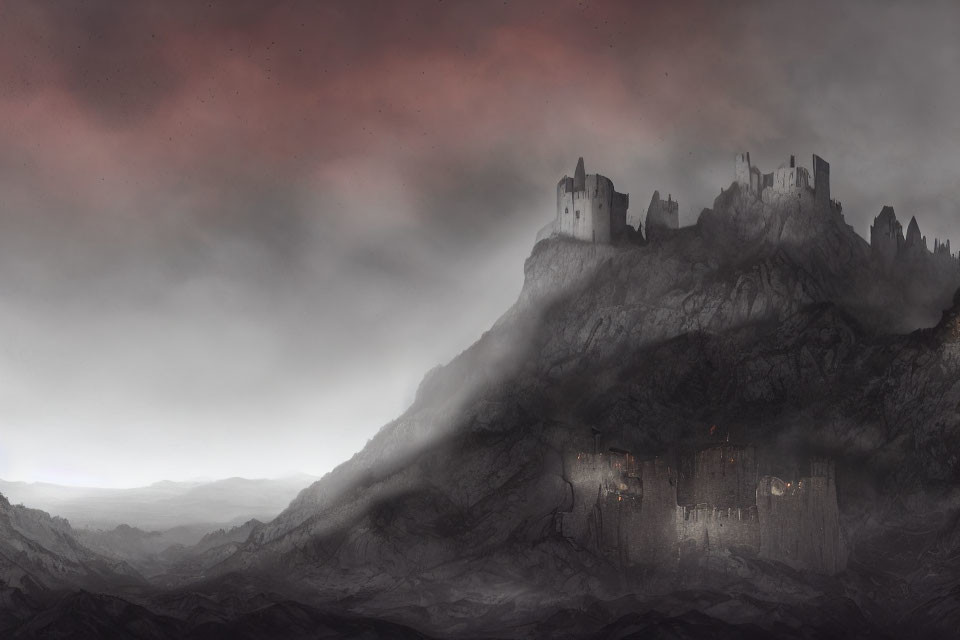 Foreboding castle on rocky cliff under gloomy sky