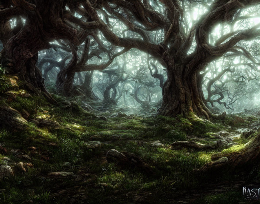 Mystical forest scene: twisted ancient trees, ethereal light, moss-covered floor