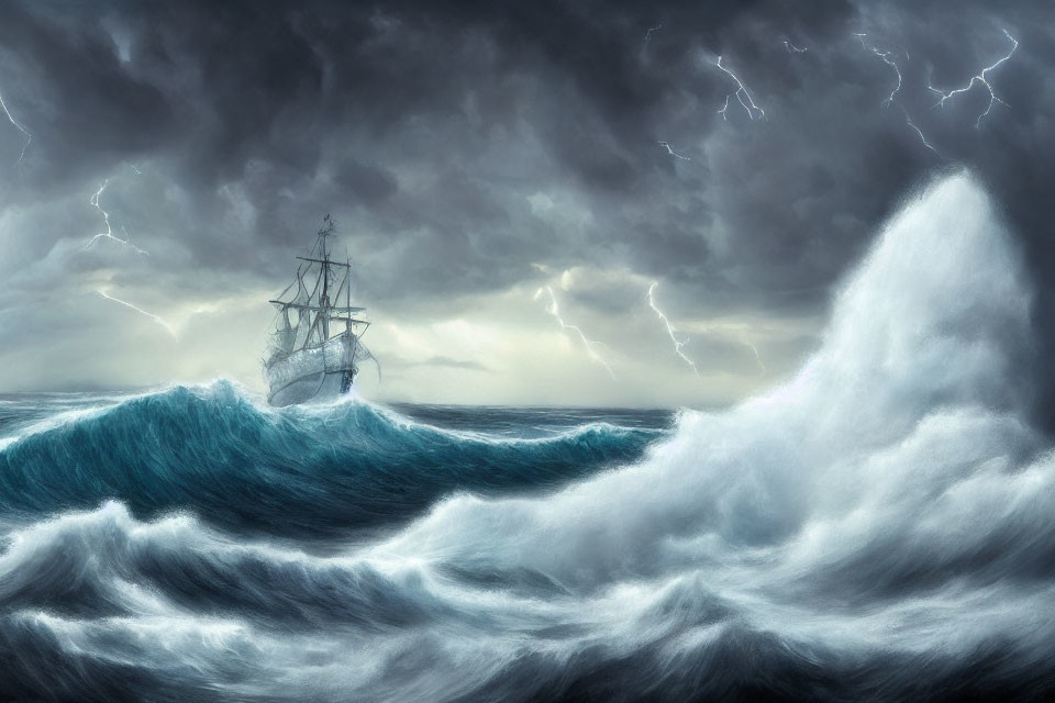 Tall ship sailing through stormy seas with lightning and towering waves