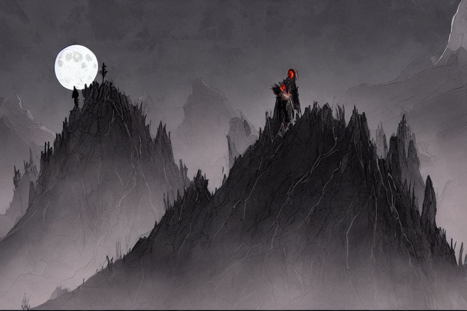 Mysterious night landscape with full moon, figure with glowing eyes on mountain