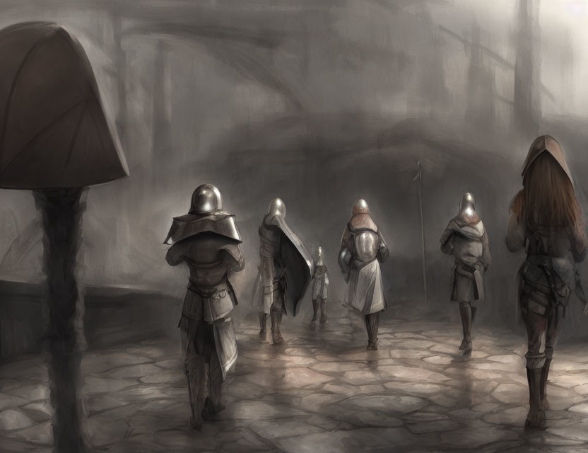 Medieval knights in armor on misty cobblestoned street