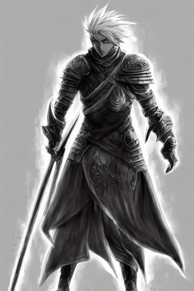 Monochrome sketch of stern-faced warrior in armor with sword and flowing cape.