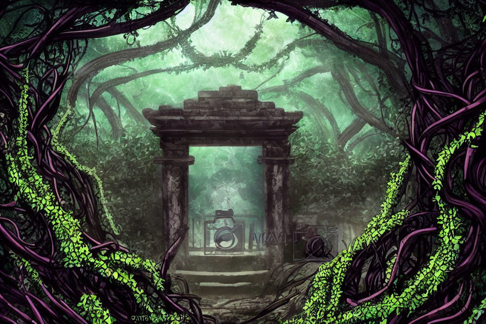 Ancient stone gateway in mystical forest with twisted vines and lush greenery