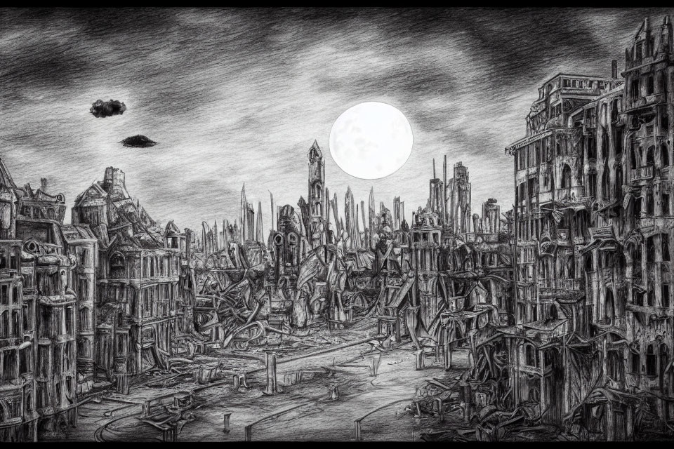 Monochrome pencil sketch of a ruined cityscape under a full moon