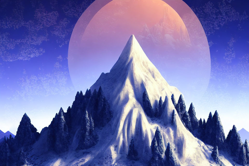 Snowy mountain peak above forest under pink moon in twilight sky