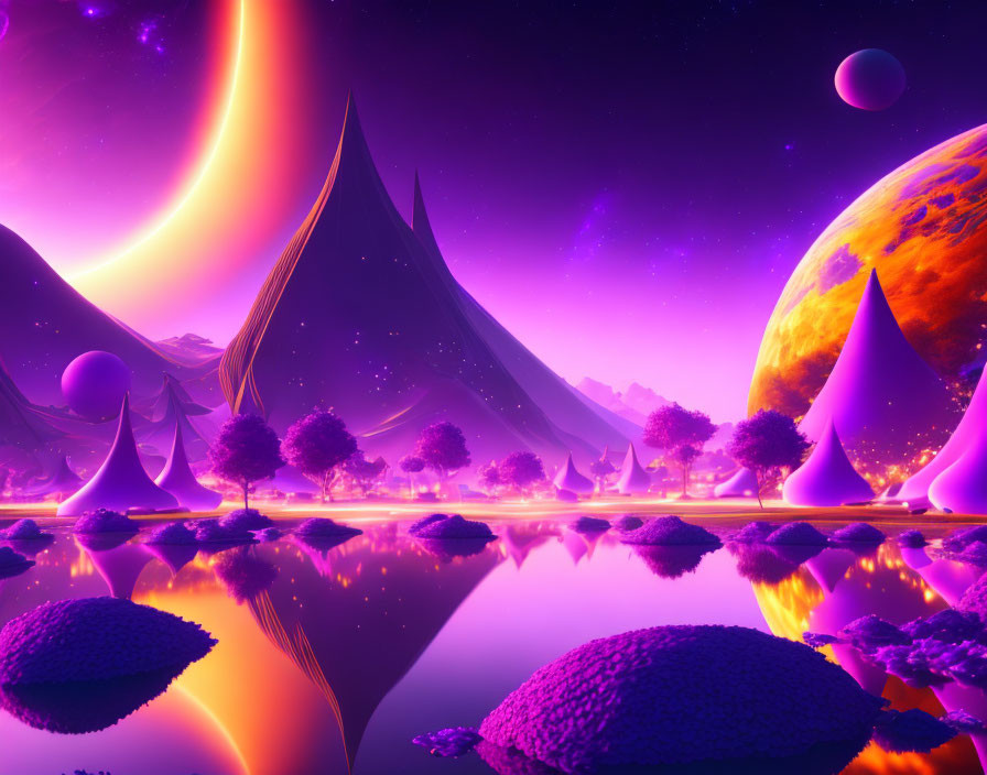 Purple sci-fi landscape with spire-like structures and ringed planet.